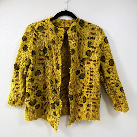 Save The Queen Tops - Save The Queen Yellow Silk Cotton Abstract Lace Art to Wear Cardigan Top Women L